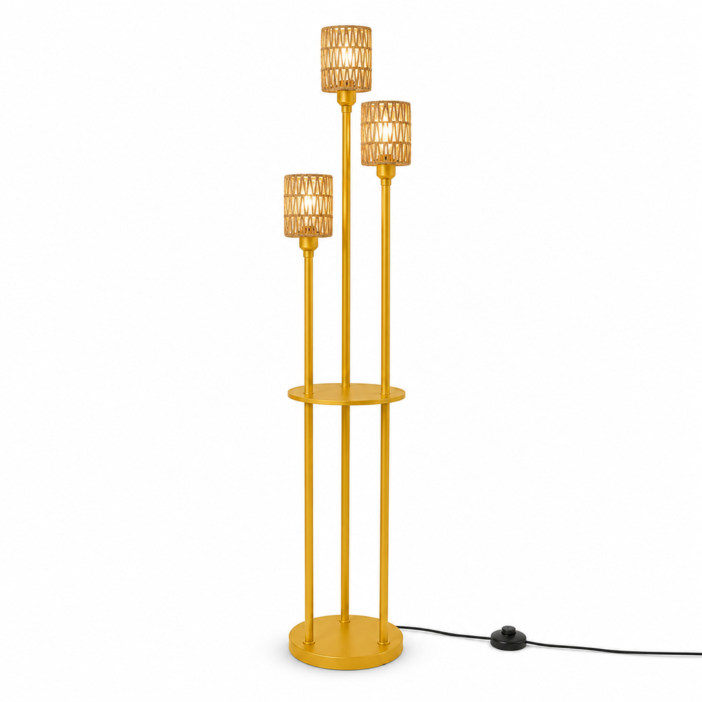 Gold Three-Light Rattan Floor Lamp with Shelves