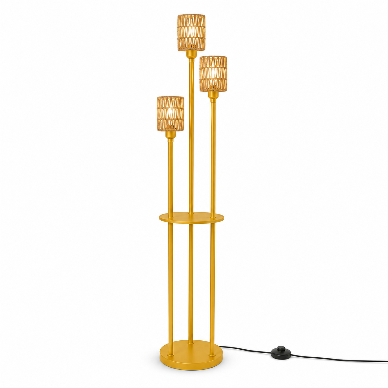 Gold Three-Light Rattan Floor Lamp with Shelves