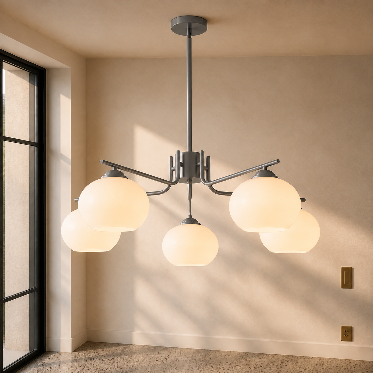 Five-Light Gunmetal and Opal Glass Chandelier
