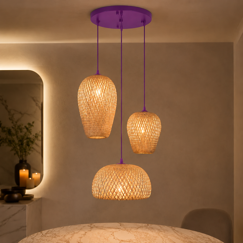 Purple Natural Bamboo Three-Light Pendant Cluster