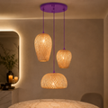 Purple Natural Bamboo Three-Light Pendant Cluster