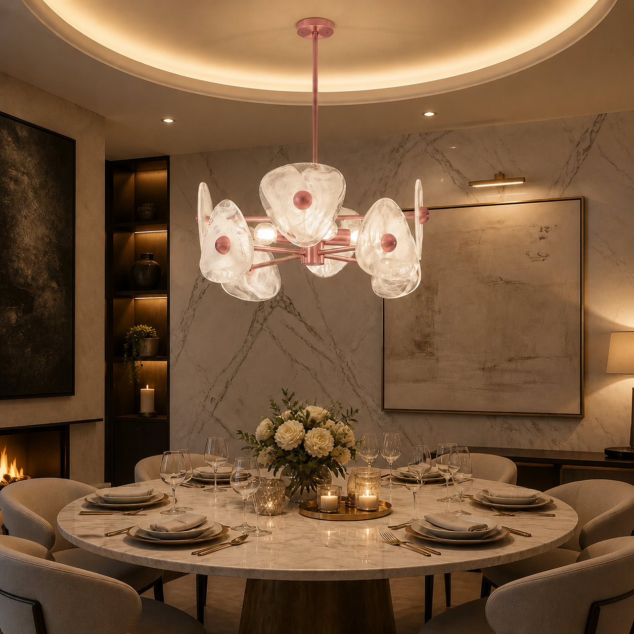 Pink Four-Light Marbled Glass Chandelier