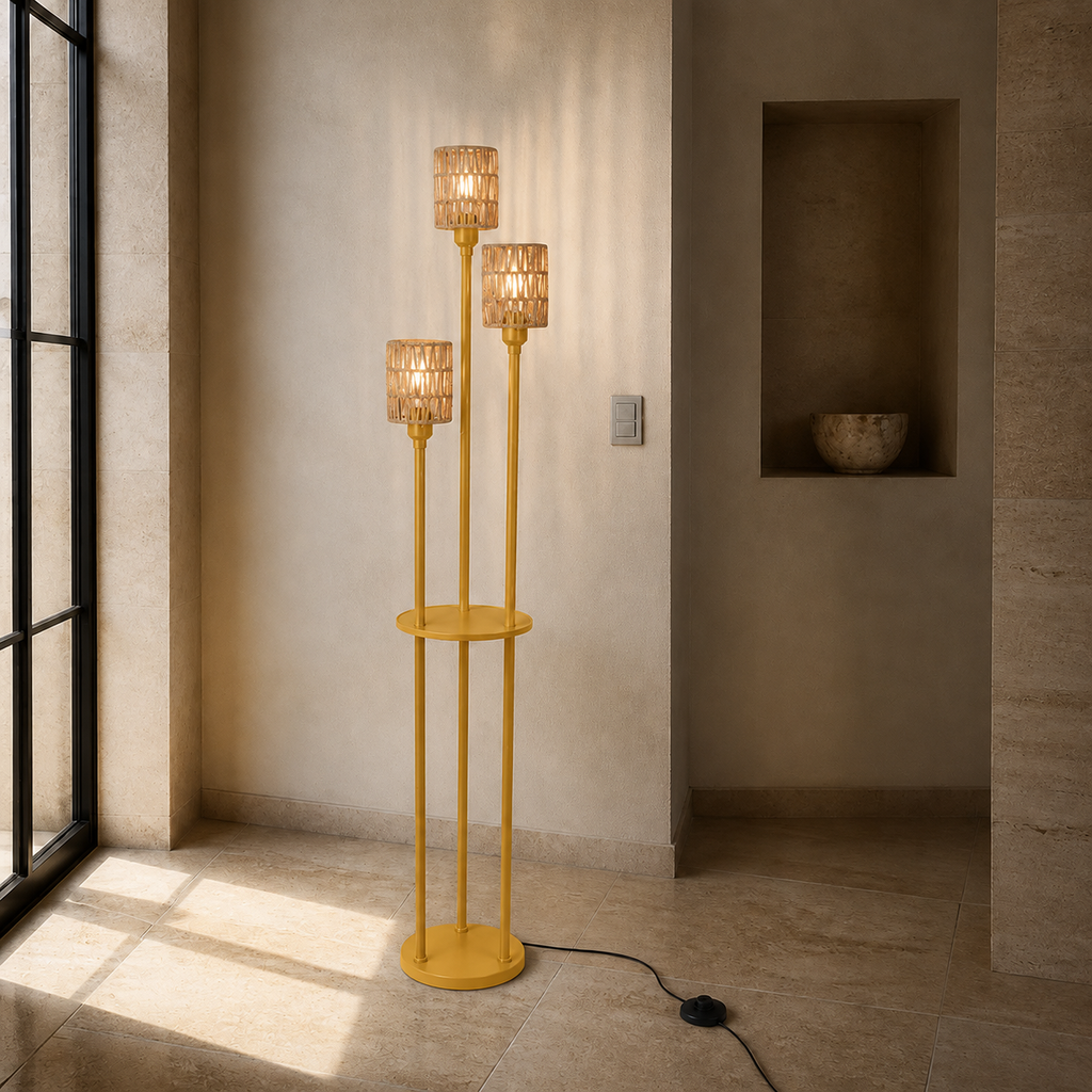 Gold Three-Light Rattan Floor Lamp with Shelves