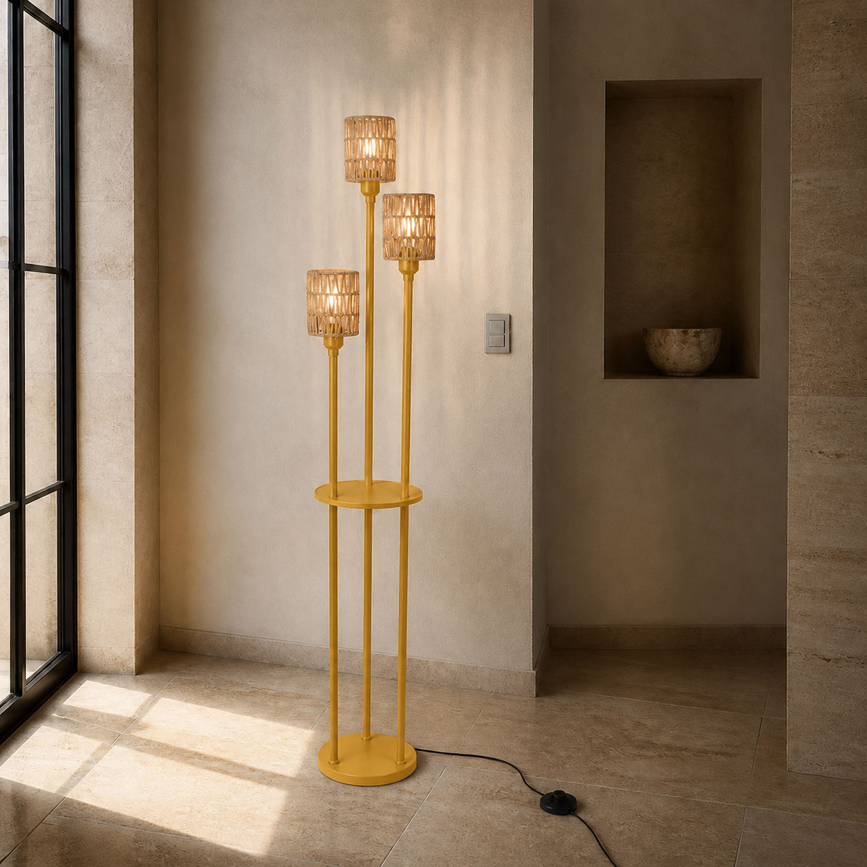 Gold Three-Light Rattan Floor Lamp with Shelves