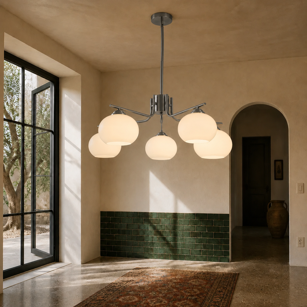Five-Light Gunmetal and Opal Glass Chandelier