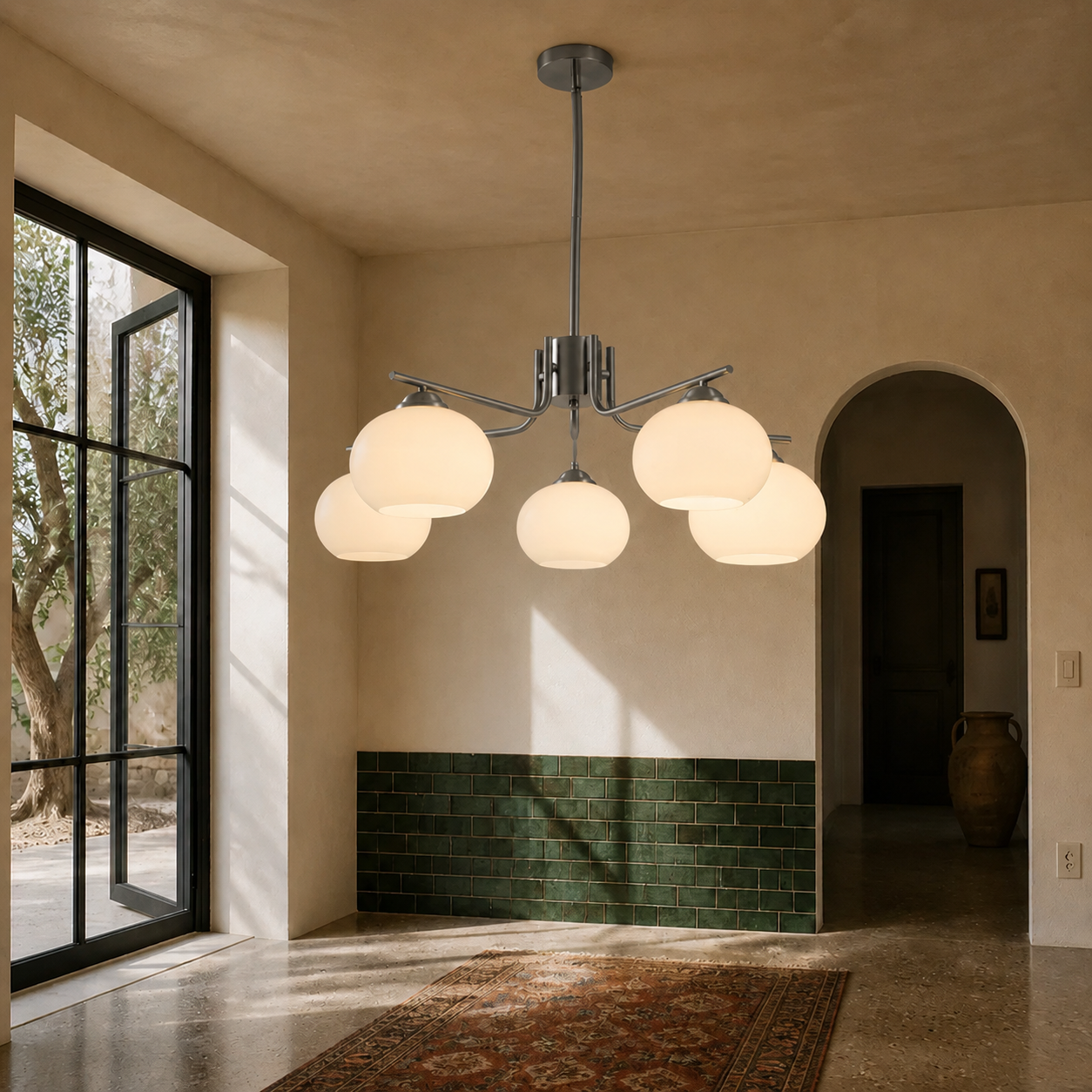 Five-Light Gunmetal and Opal Glass Chandelier