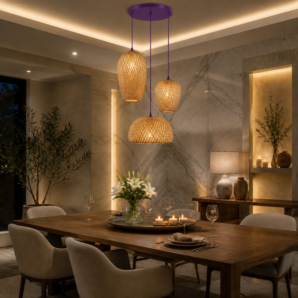 Purple Natural Bamboo Three-Light Pendant Cluster
