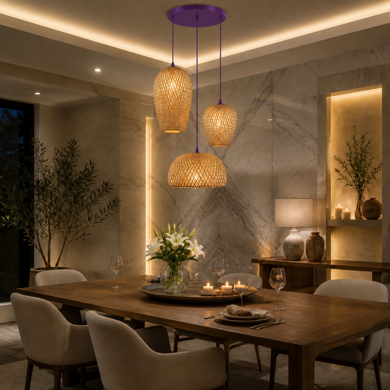 Purple Natural Bamboo Three-Light Pendant Cluster