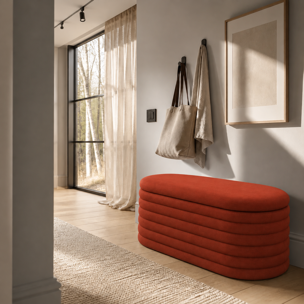 Red Chenille Oval Storage Ottoman