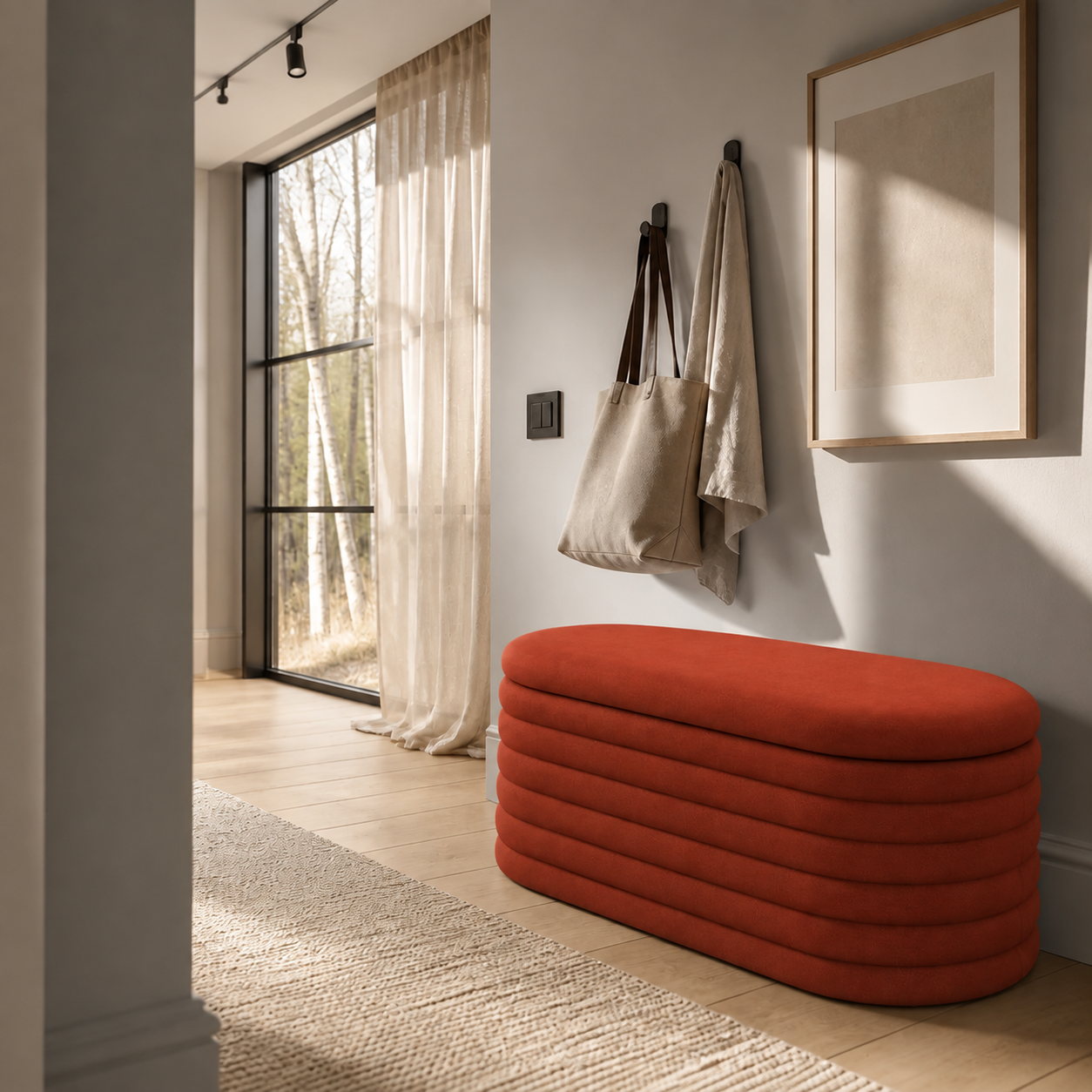 Red Chenille Oval Storage Ottoman