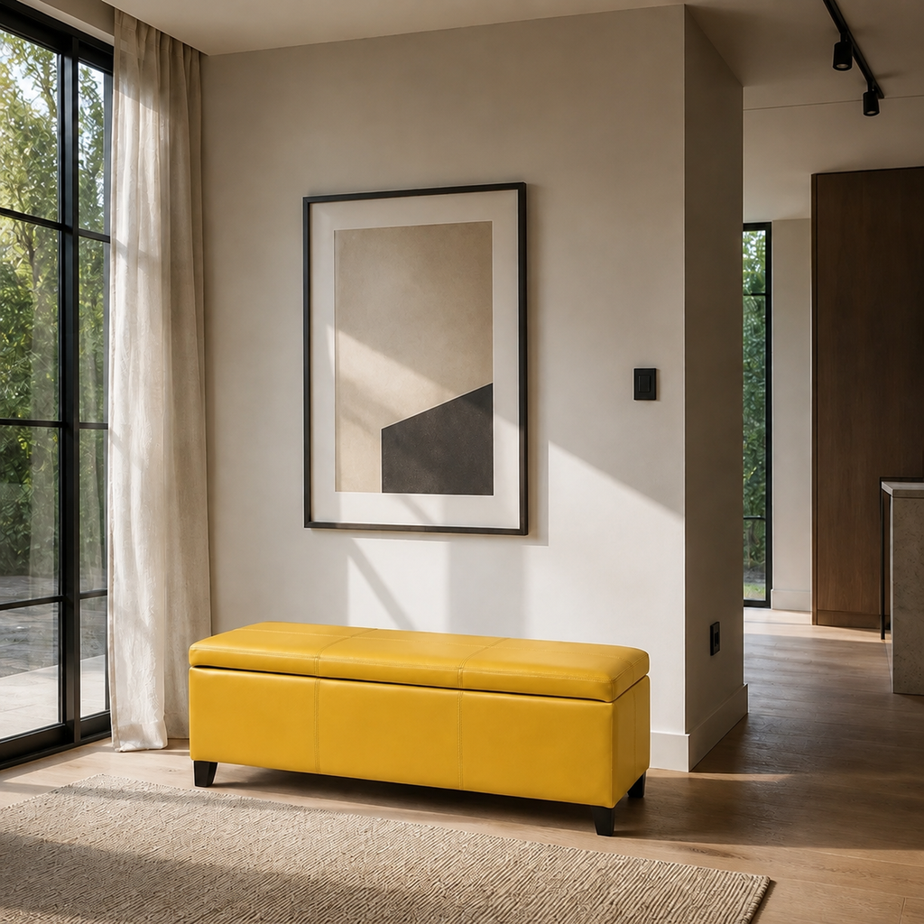 Yellow Bonded-Leather Storage Bench Ottoman