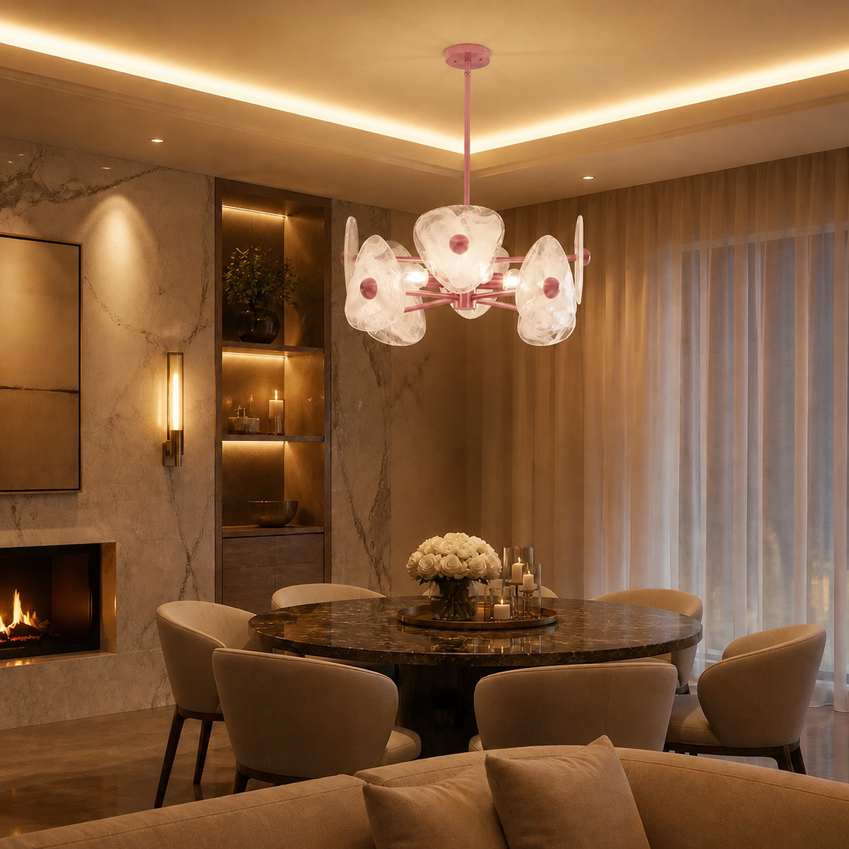 Pink Four-Light Marbled Glass Chandelier