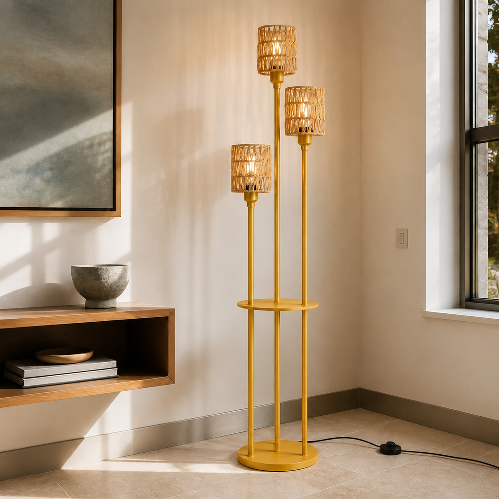 Gold Three-Light Rattan Floor Lamp with Shelves