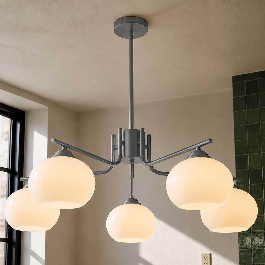 Five-Light Gunmetal and Opal Glass Chandelier