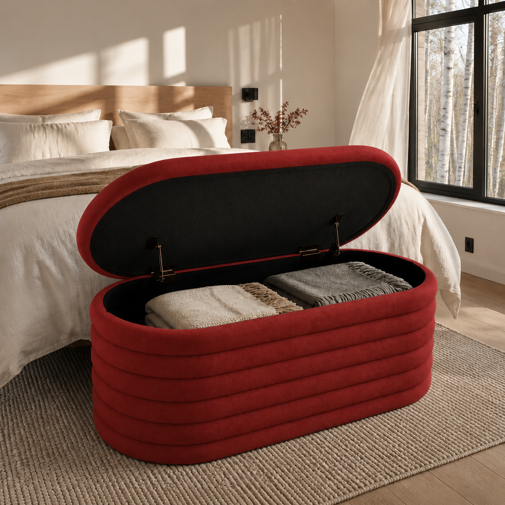 Red Chenille Oval Storage Ottoman