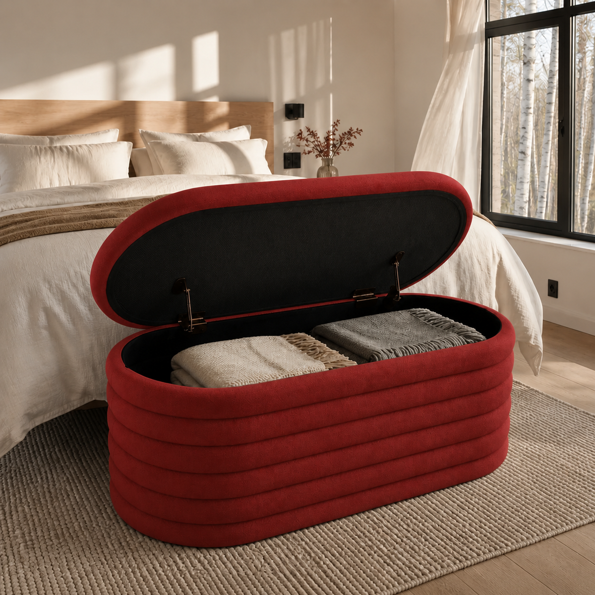 Red Chenille Oval Storage Ottoman