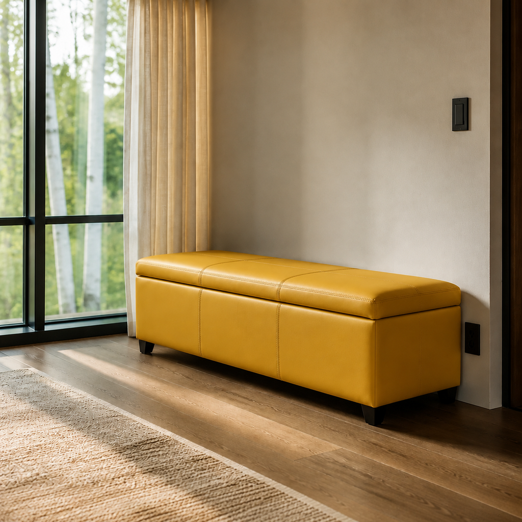 Yellow Bonded-Leather Storage Bench Ottoman