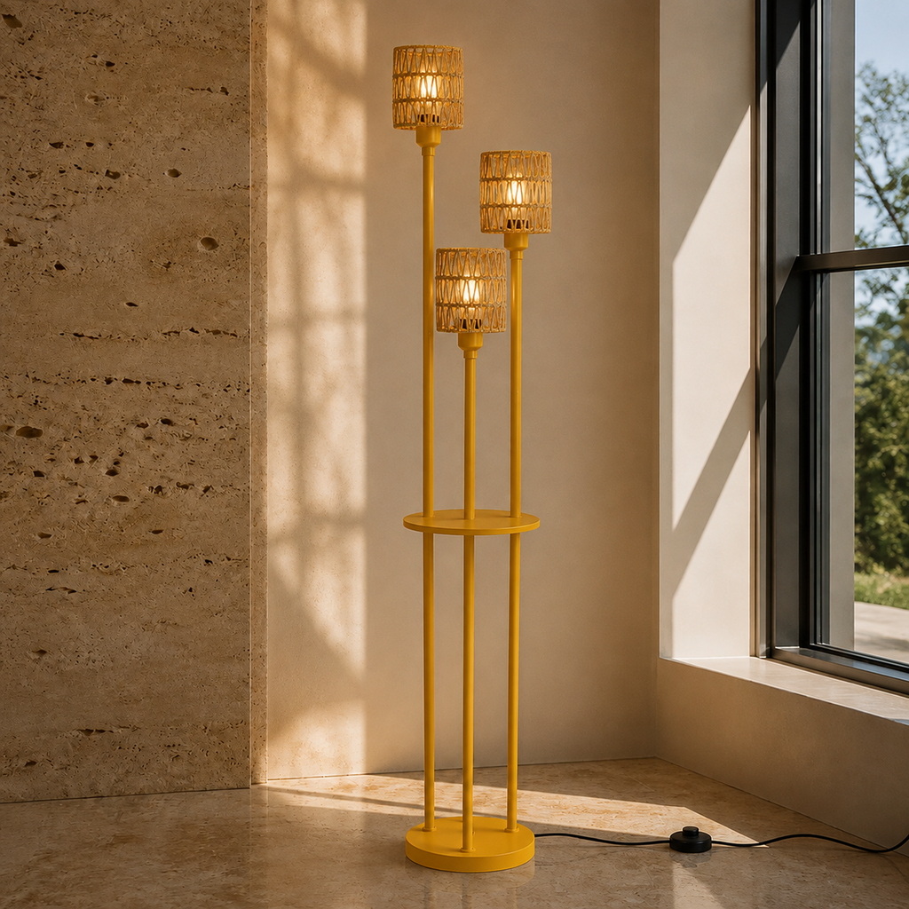 Gold Three-Light Rattan Floor Lamp with Shelves