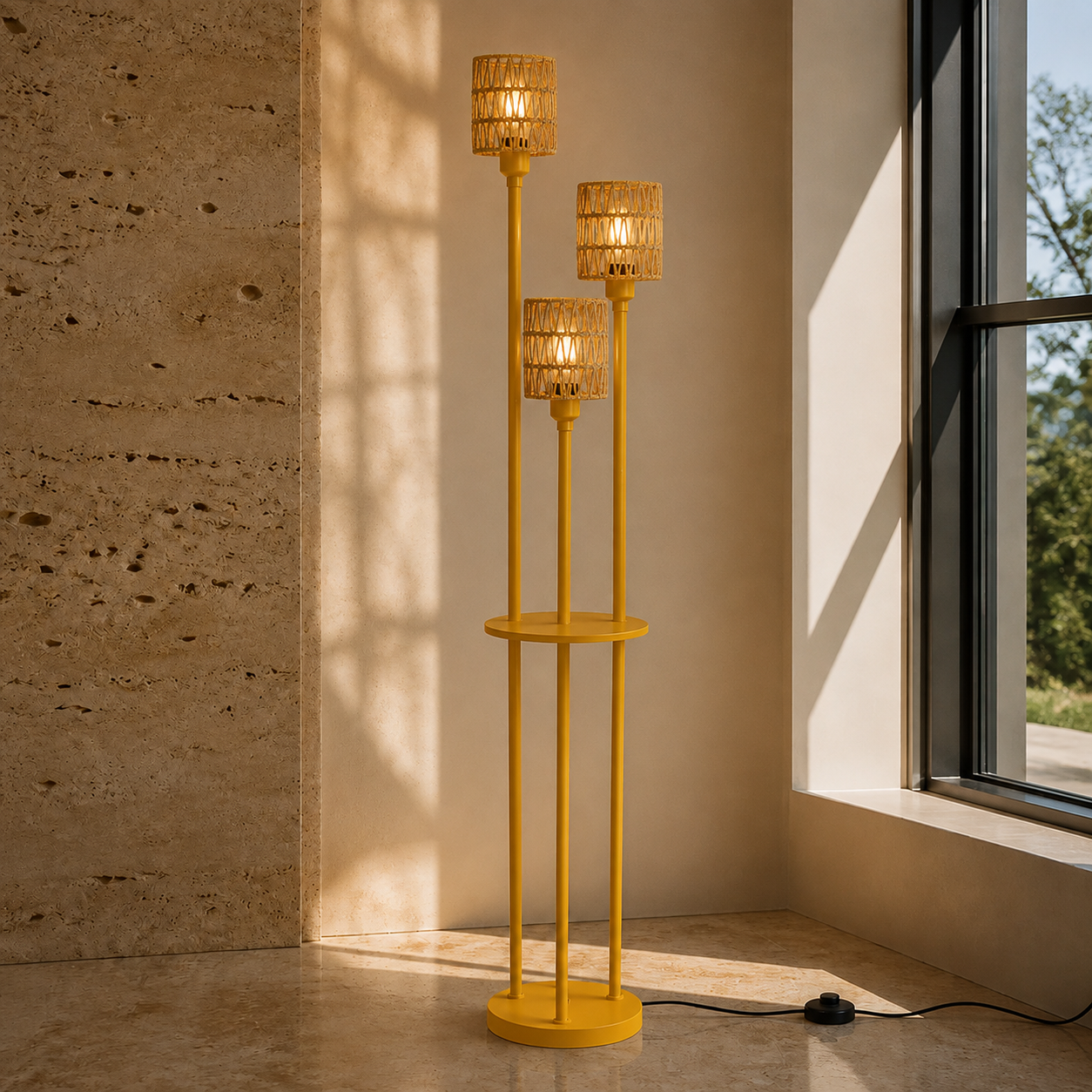Gold Three-Light Rattan Floor Lamp with Shelves