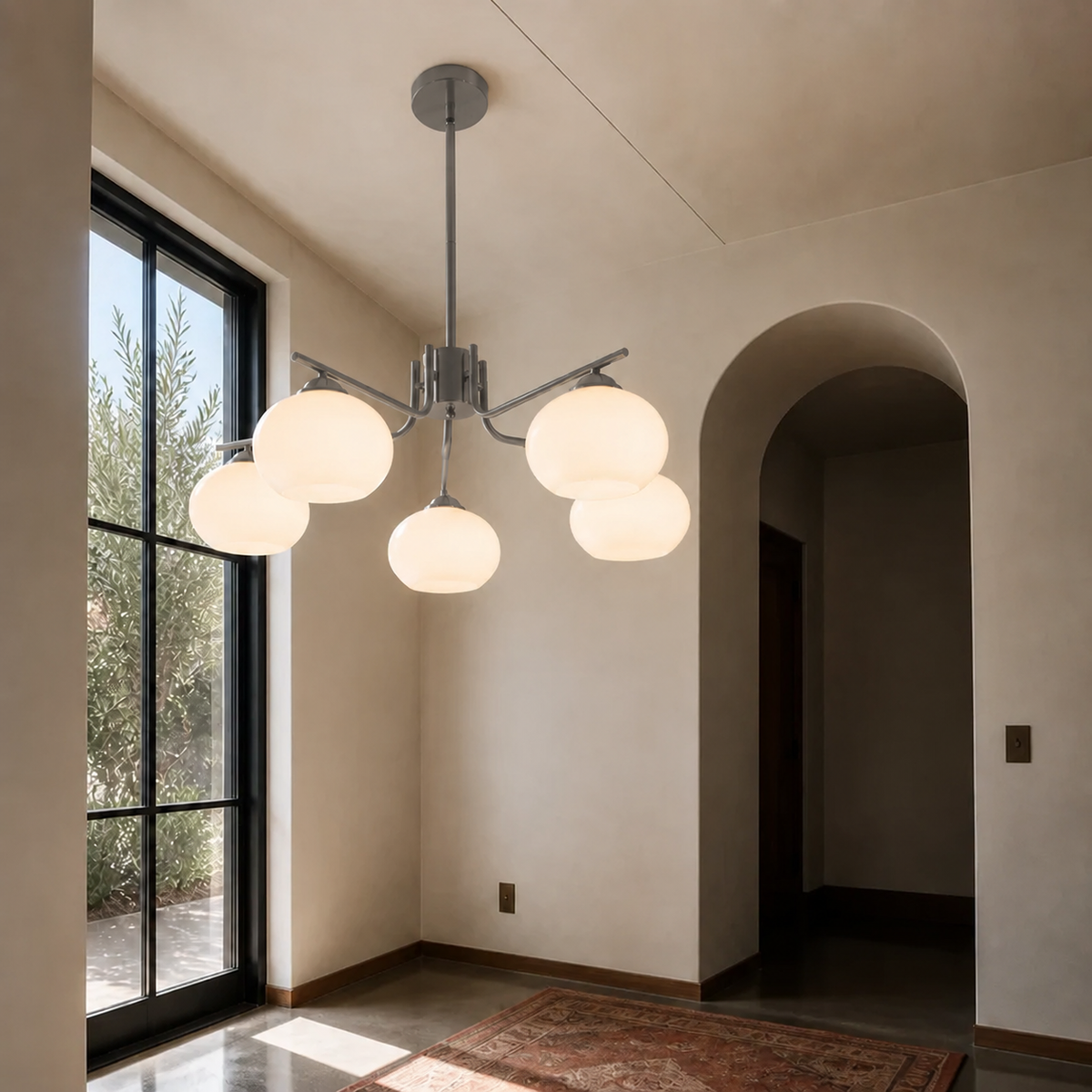 Five-Light Gunmetal and Opal Glass Chandelier