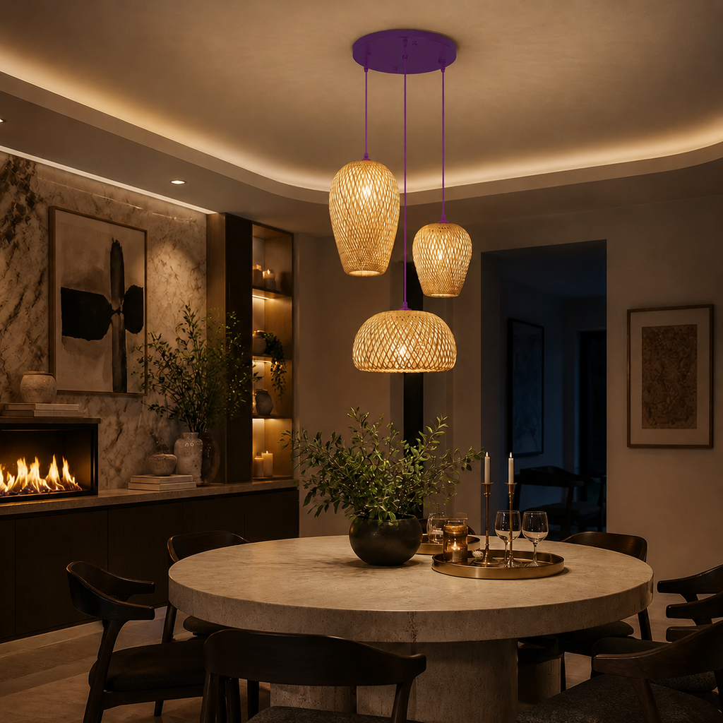 Purple Natural Bamboo Three-Light Pendant Cluster