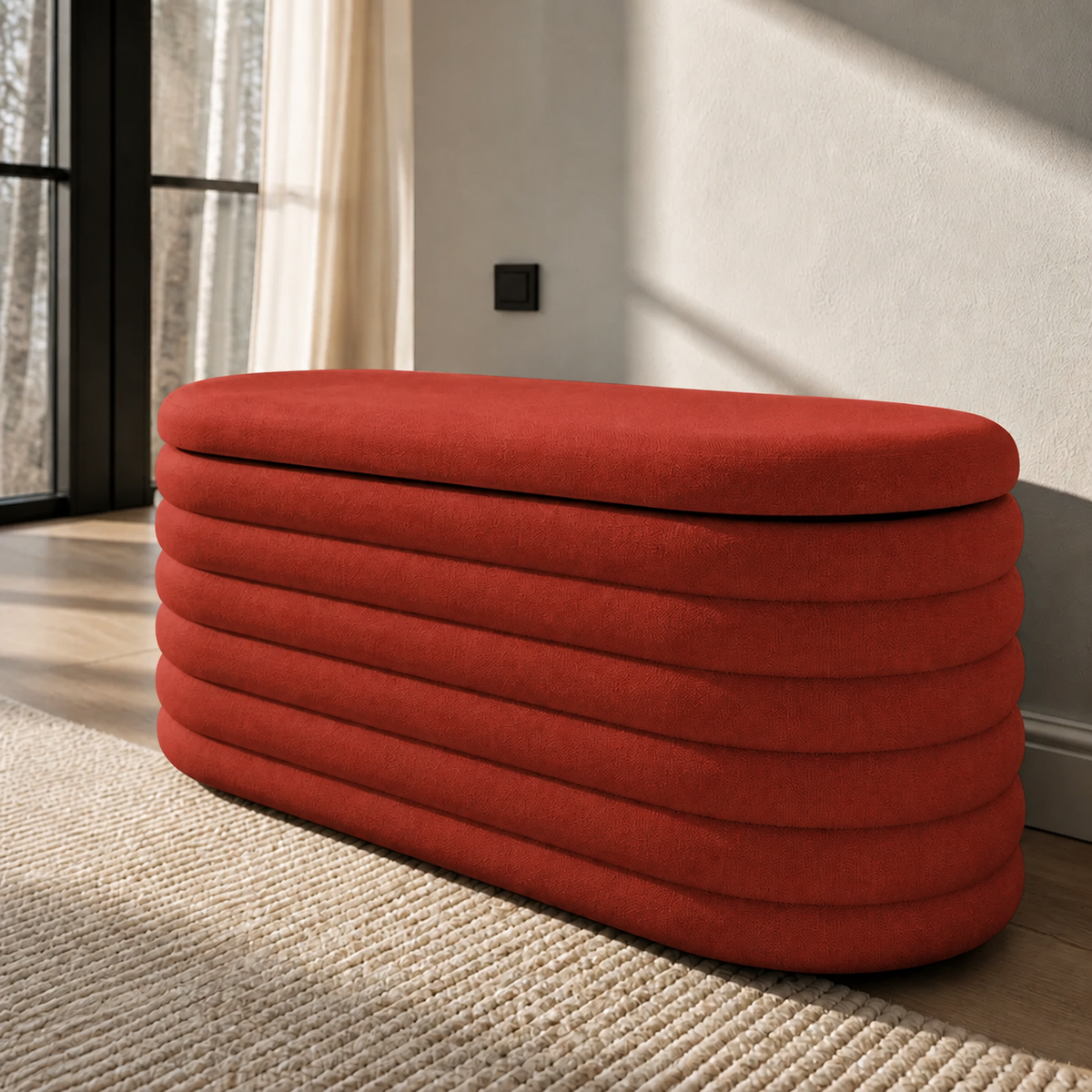 Red Chenille Oval Storage Ottoman