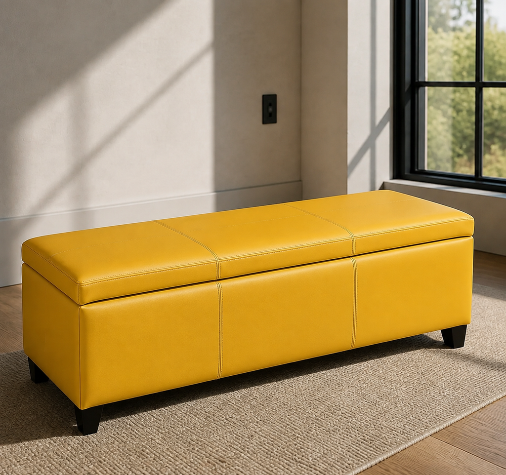 Yellow Bonded-Leather Storage Bench Ottoman