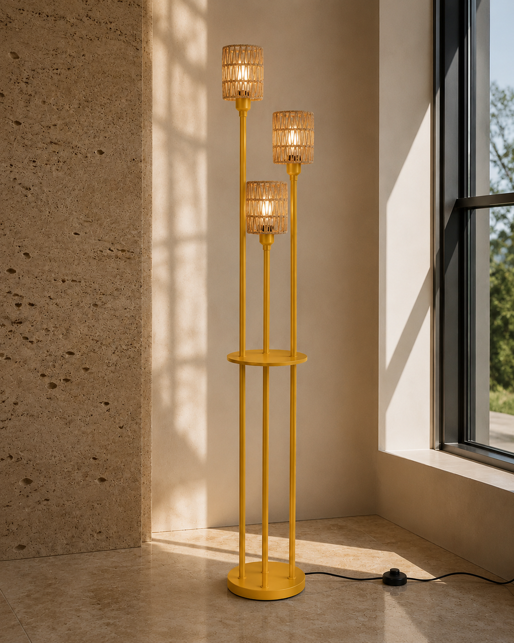 Gold Three-Light Rattan Floor Lamp with Shelves