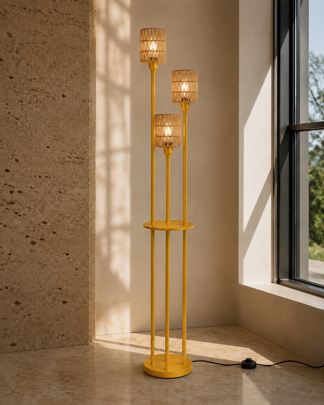 Gold Three-Light Rattan Floor Lamp with Shelves