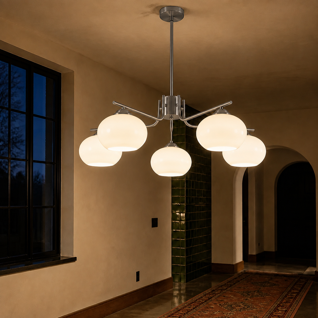 Five-Light Gunmetal and Opal Glass Chandelier