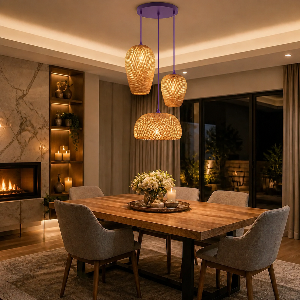 Purple Natural Bamboo Three-Light Pendant Cluster