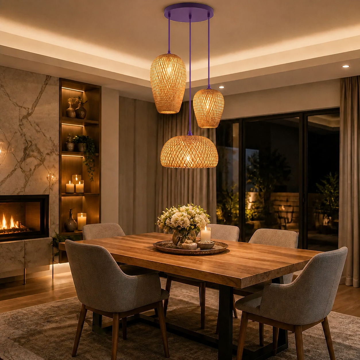 Purple Natural Bamboo Three-Light Pendant Cluster