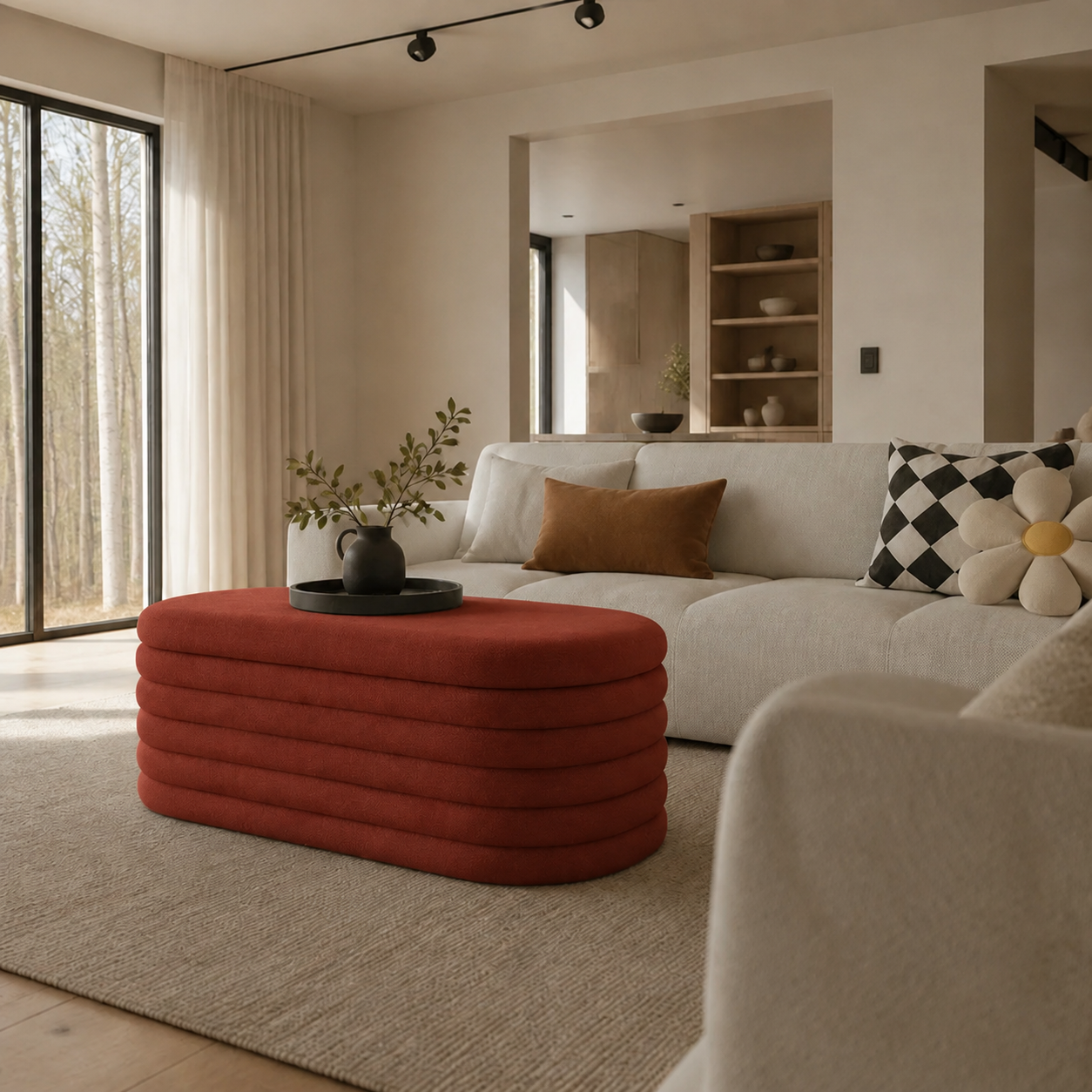 Red Chenille Oval Storage Ottoman
