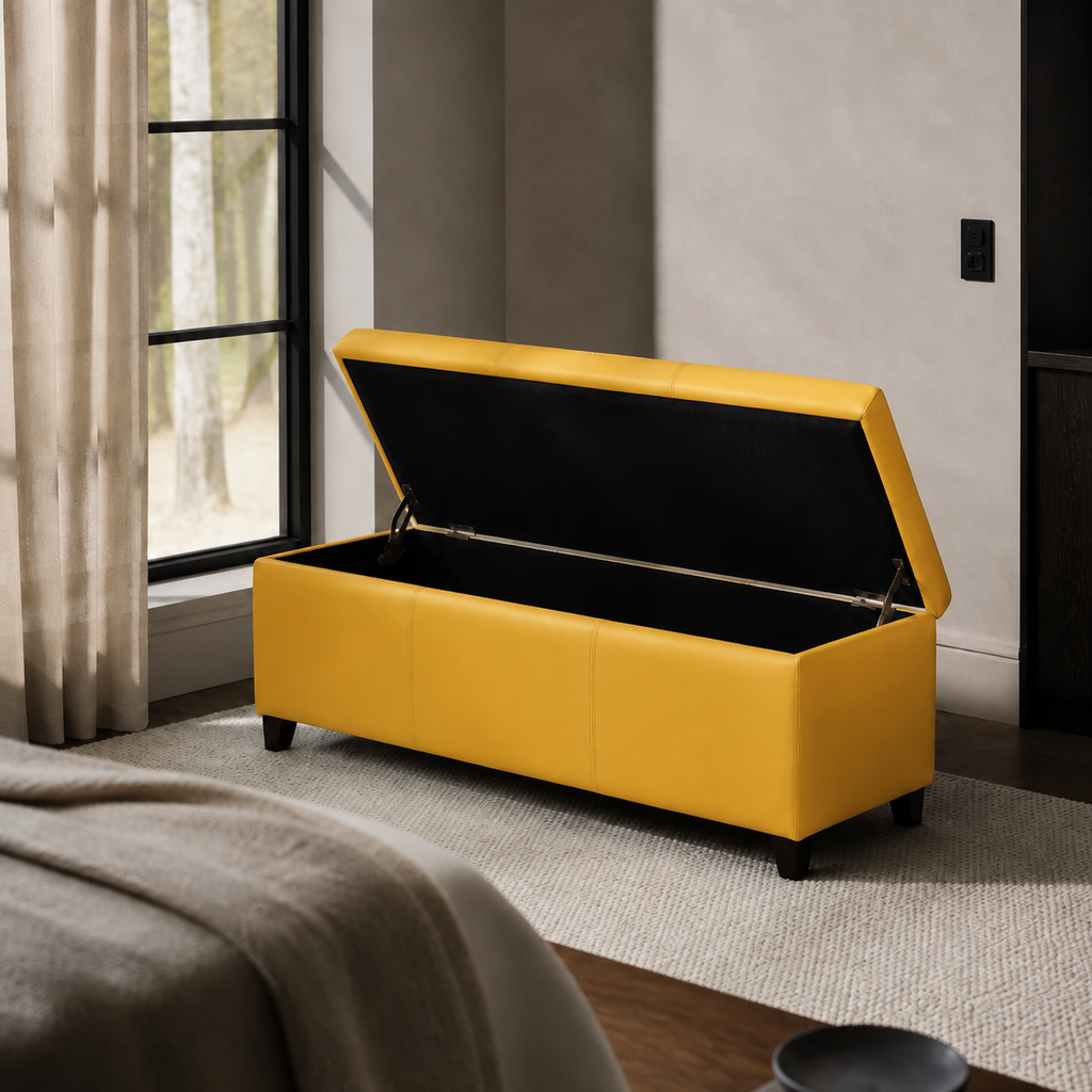 Yellow Bonded-Leather Storage Bench Ottoman
