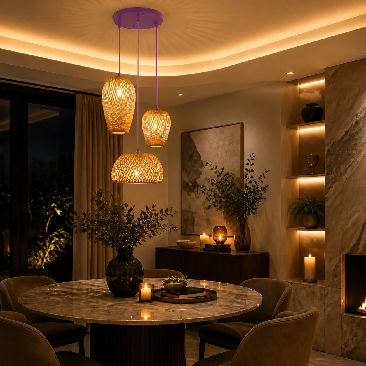 Purple Natural Bamboo Three-Light Pendant Cluster